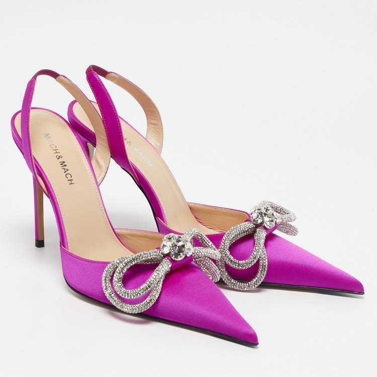 Pre Owned Mach & Mach Fuchsia Pink Satin Embellished Double Bow Slingback Pumps Size 37.5