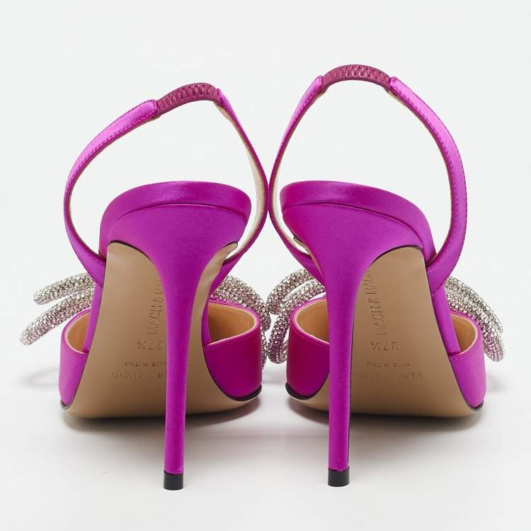 Pre Owned Mach & Mach Fuchsia Pink Satin Embellished Double Bow Slingback Pumps Size 37.5