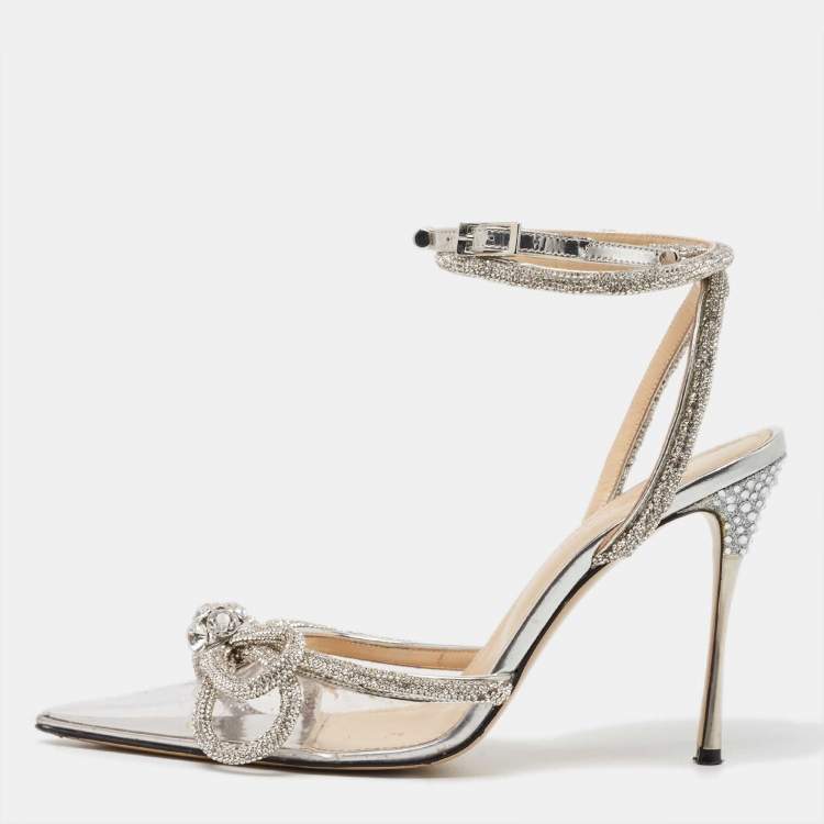 Pre Owned Mach & Mach Silver Patent Leather and PVC Double Bow Ankle Wrap Pumps Size 37
