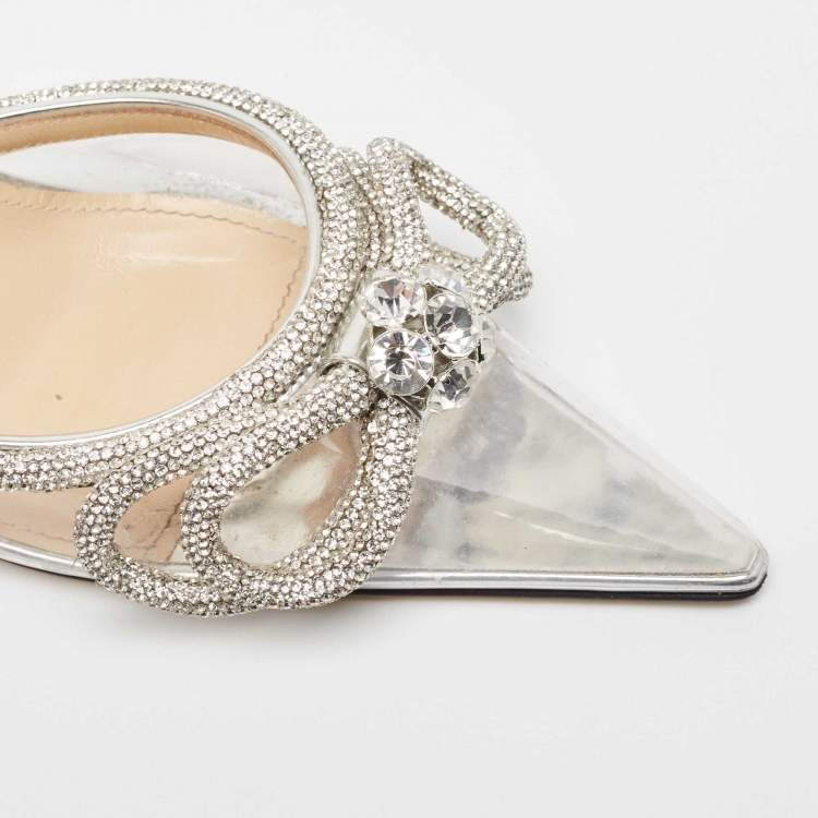 Pre Owned Mach & Mach Silver Patent Leather and PVC Double Bow Ankle Wrap Pumps Size 37