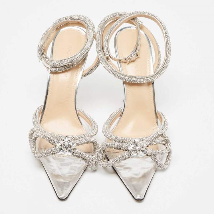 Pre Owned Mach & Mach Silver Patent Leather and PVC Double Bow Ankle Wrap Pumps Size 37