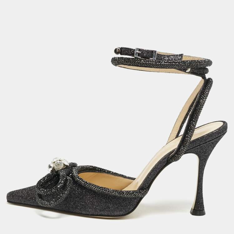 Pre Owned Mach & Mach Black Glitter Leather Double Bow Ankle Wrap Pumps Size 37