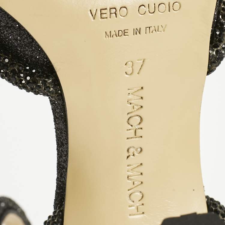 Pre Owned Mach & Mach Black Glitter Leather Double Bow Ankle Wrap Pumps Size 37