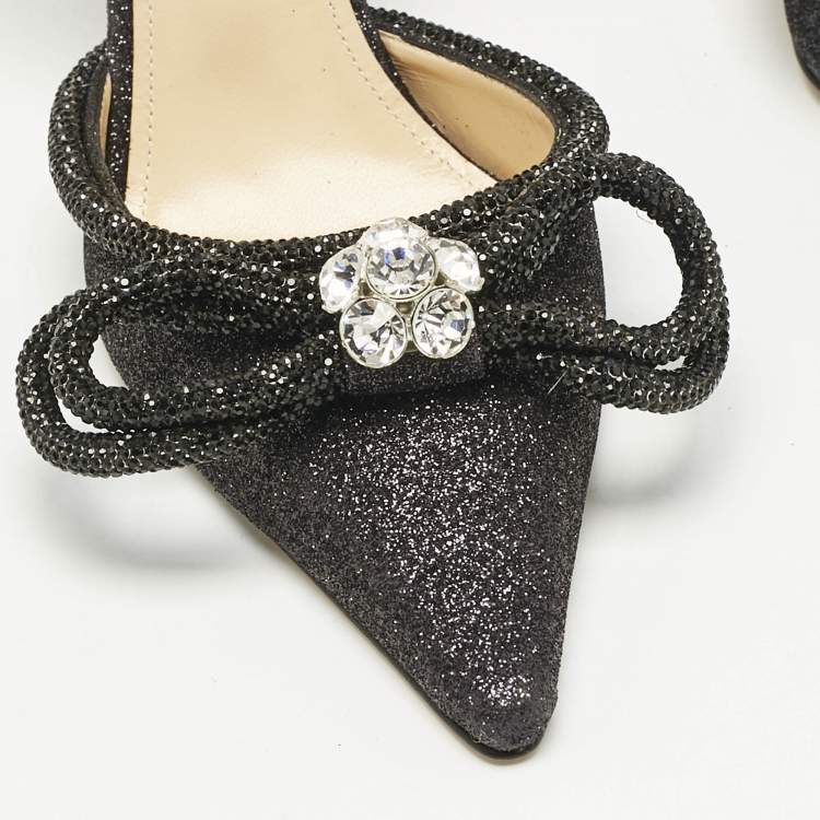 Pre Owned Mach & Mach Black Glitter Leather Double Bow Ankle Wrap Pumps Size 37
