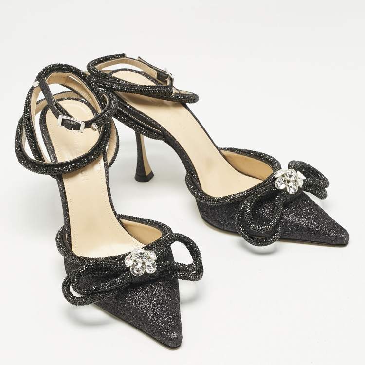 Pre Owned Mach & Mach Black Glitter Leather Double Bow Ankle Wrap Pumps Size 37