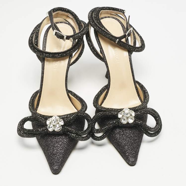 Pre Owned Mach & Mach Black Glitter Leather Double Bow Ankle Wrap Pumps Size 37