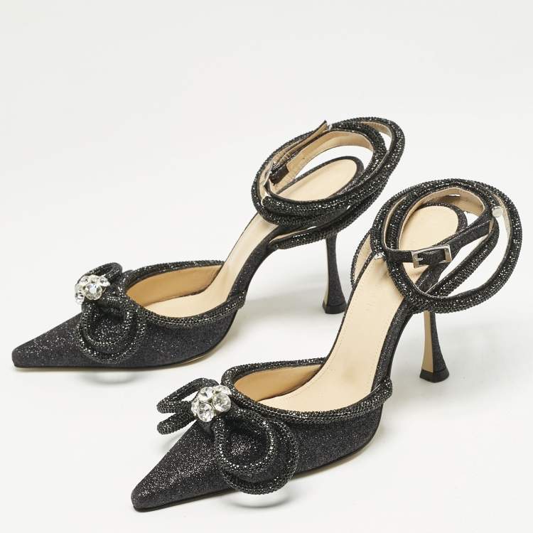 Pre Owned Mach & Mach Black Glitter Leather Double Bow Ankle Wrap Pumps Size 37