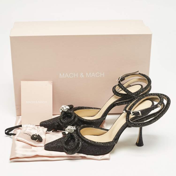 Pre Owned Mach & Mach Black Glitter Leather Double Bow Ankle Wrap Pumps Size 37