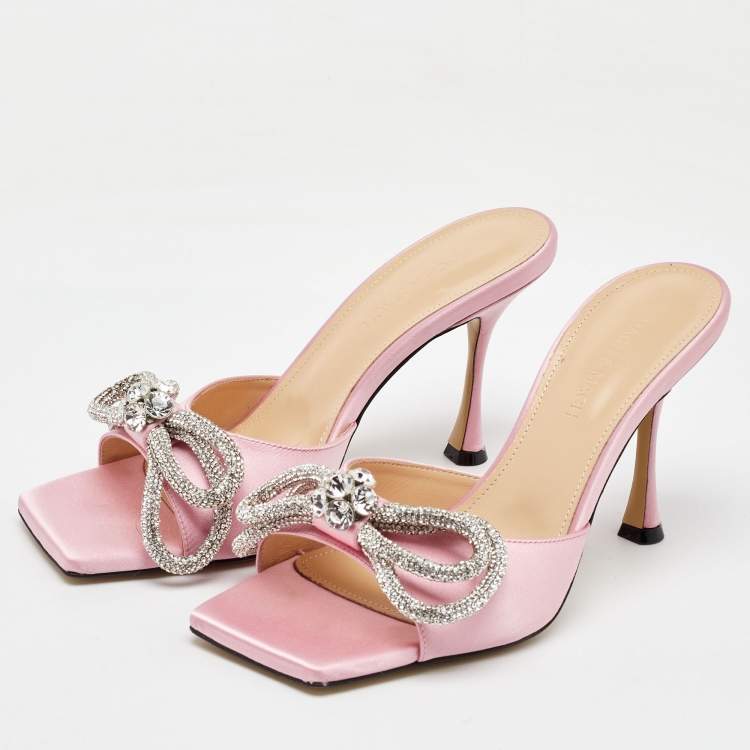 Pre Owned Mach & Mach Light Pink Satin Crystal Embellished Double Bow Slide Sandals Size 39