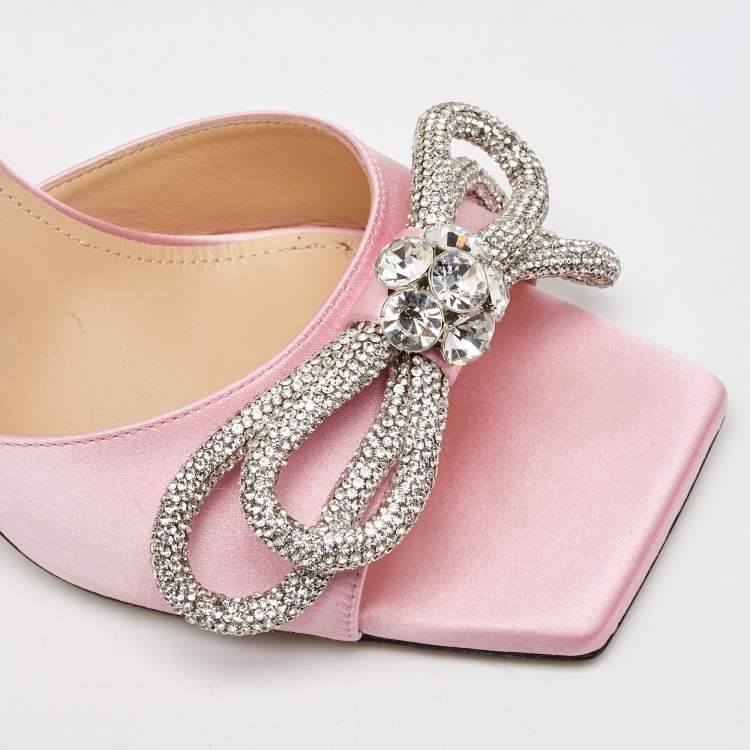 Pre Owned Mach & Mach Light Pink Satin Crystal Embellished Double Bow Slide Sandals Size 39