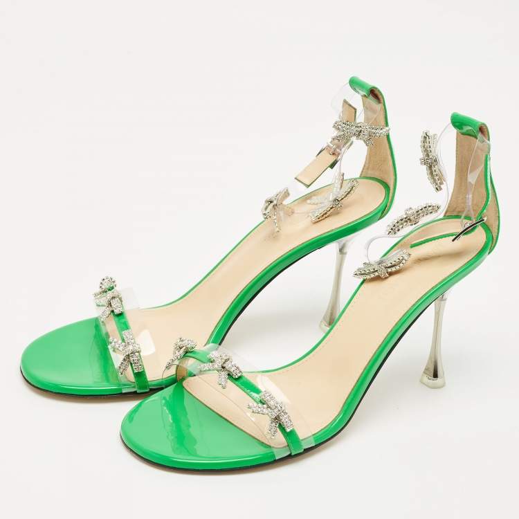Pre Owned Mach & Mach Green Patent Leather and PVC Floating Crystal Bow Sandals Size 39.5