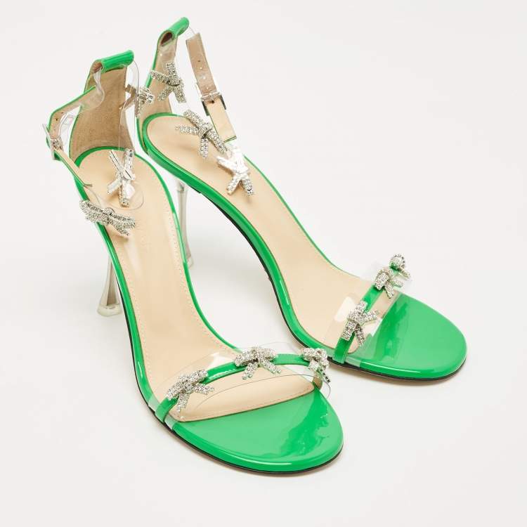 Pre Owned Mach & Mach Green Patent Leather and PVC Floating Crystal Bow Sandals Size 39.5