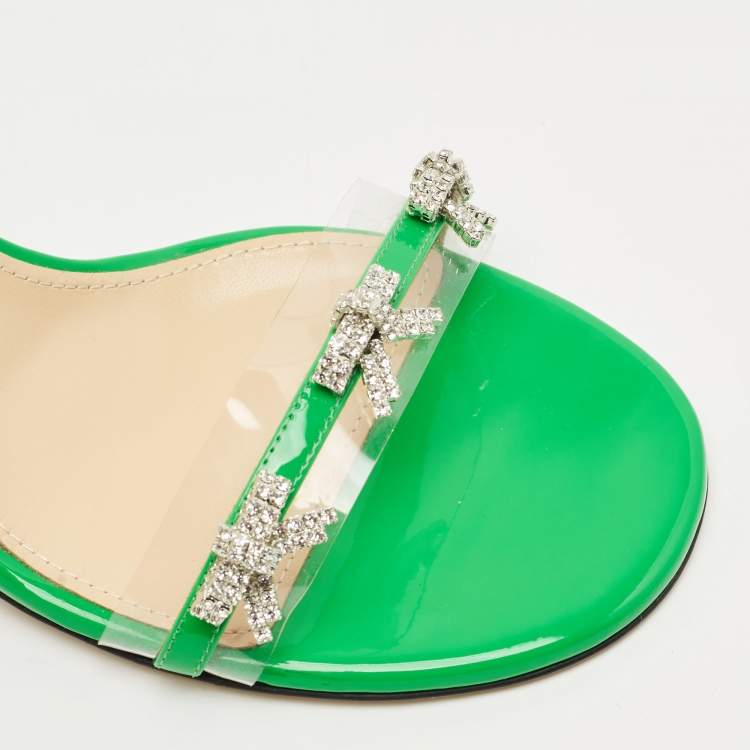 Pre Owned Mach & Mach Green Patent Leather and PVC Floating Crystal Bow Sandals Size 39.5