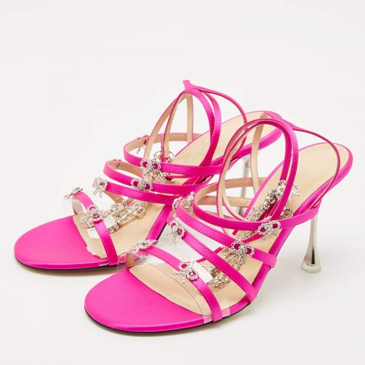 Pre Owned Mach & Mach Pink Satin Crystal Bow Camille Sandals Size 37.5