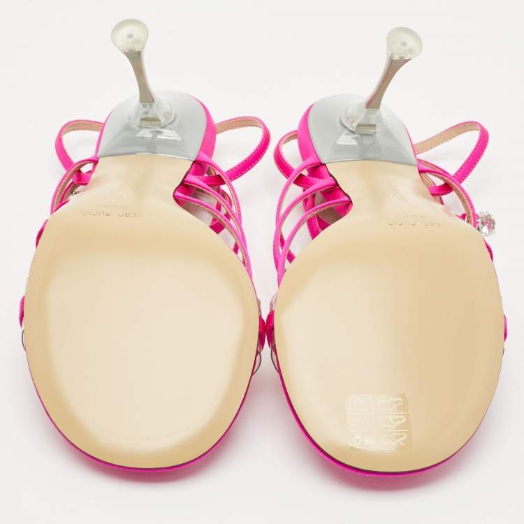 Pre Owned Mach & Mach Pink Satin Crystal Bow Camille Sandals Size 37.5