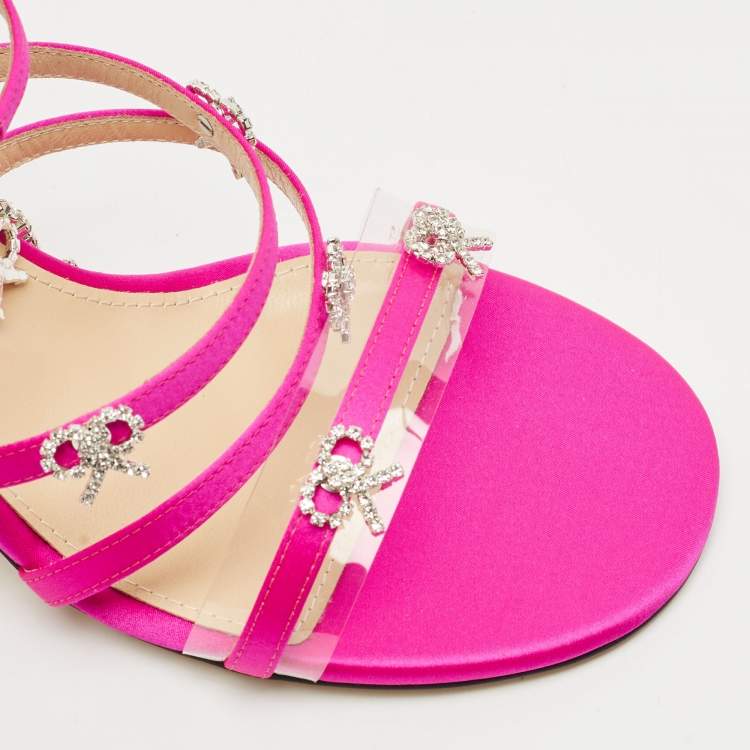 Pre Owned Mach & Mach Pink Satin Crystal Bow Camille Sandals Size 37.5