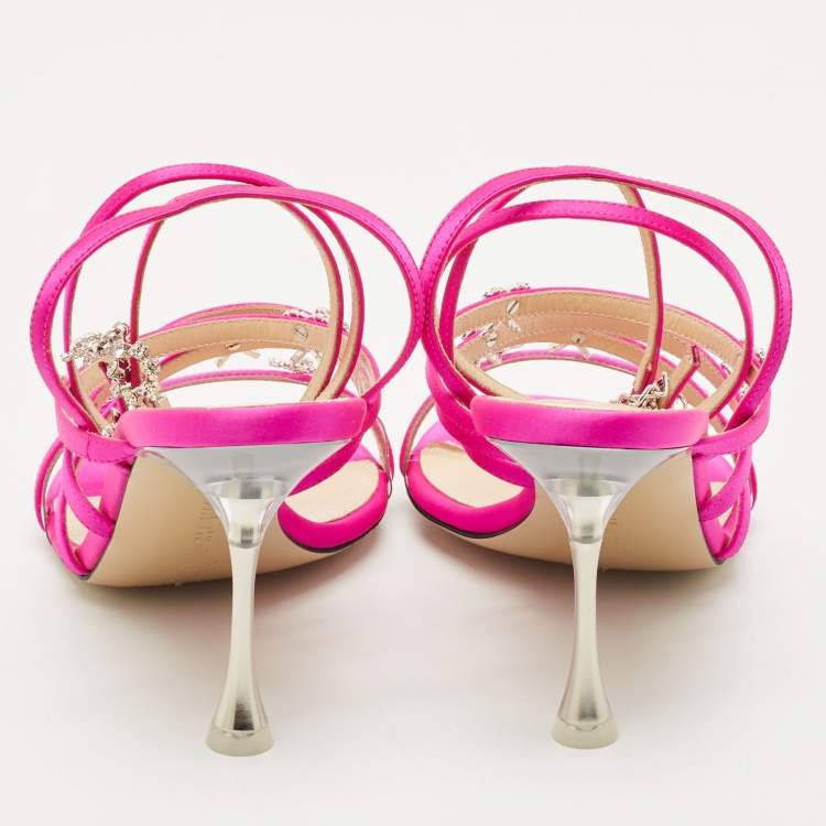 Pre Owned Mach & Mach Pink Satin Crystal Bow Camille Sandals Size 37.5