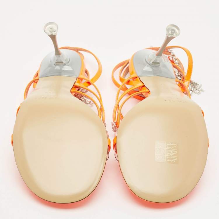 Pre Owned Mach & Mach Neon Orange Patent Leather Crystal Bow Camille Sandals Size 38.5