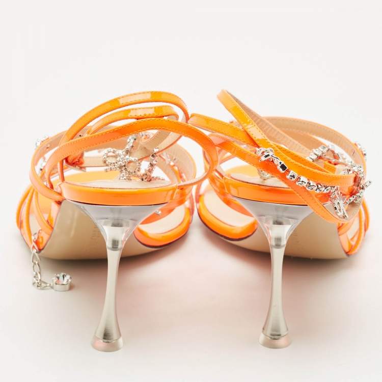 Pre Owned Mach & Mach Neon Orange Patent Leather Crystal Bow Camille Sandals Size 38.5