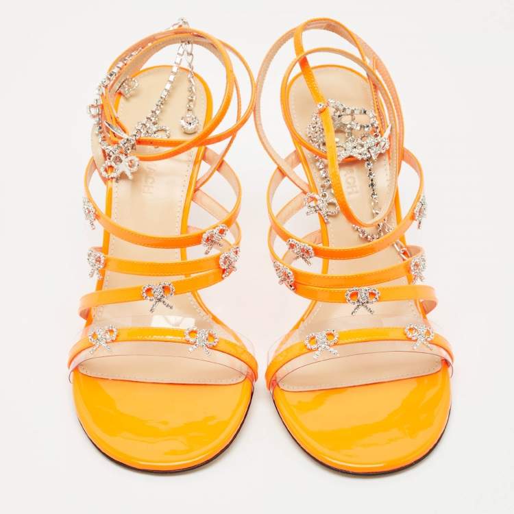 Pre Owned Mach & Mach Neon Orange Patent Leather Crystal Bow Camille Sandals Size 38.5