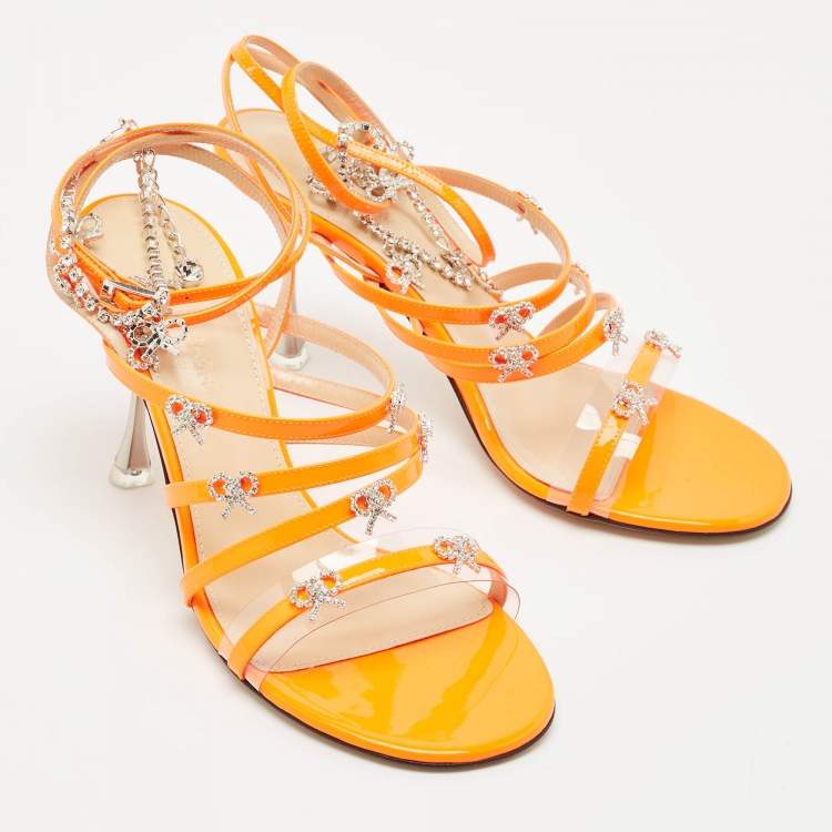 Pre Owned Mach & Mach Neon Orange Patent Leather Crystal Bow Camille Sandals Size 38.5