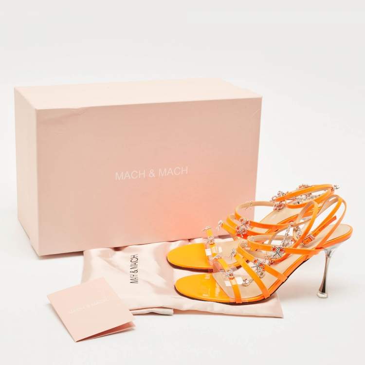 Pre Owned Mach & Mach Neon Orange Patent Leather Crystal Bow Camille Sandals Size 38.5