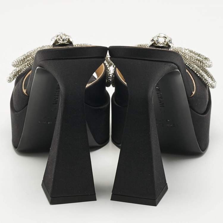 Pre Owned Mach & Mach Black Satin Double Bow Platform Slide Sandals Size 41