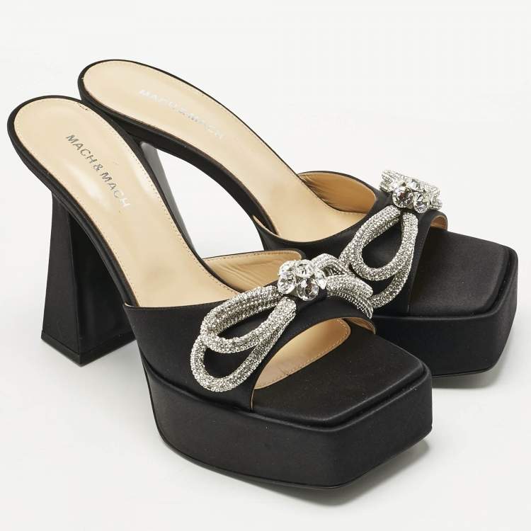 Pre Owned Mach & Mach Black Satin Double Bow Platform Slide Sandals Size 41