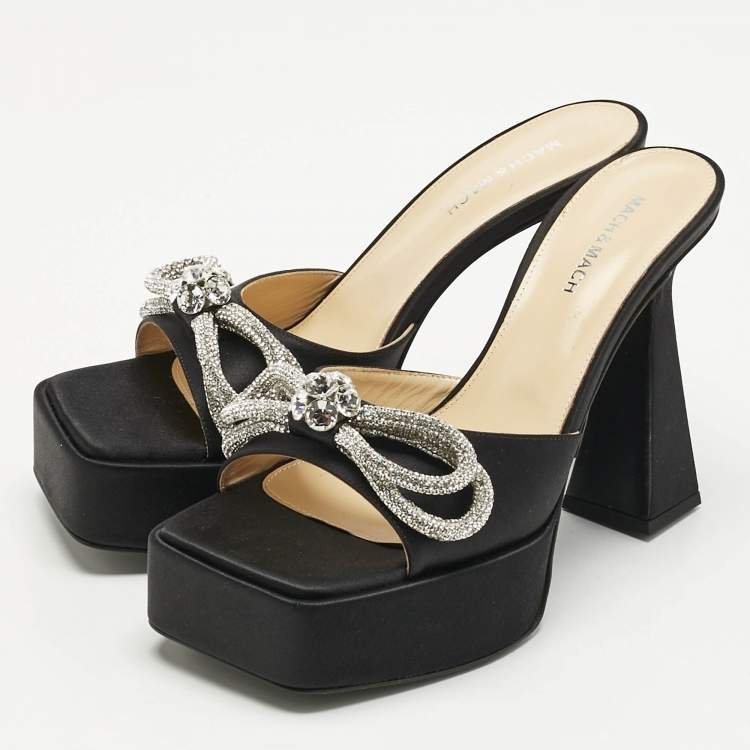 Pre Owned Mach & Mach Black Satin Double Bow Platform Slide Sandals Size 41