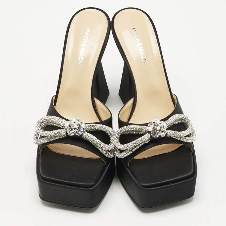 Pre Owned Mach & Mach Black Satin Double Bow Platform Slide Sandals Size 41