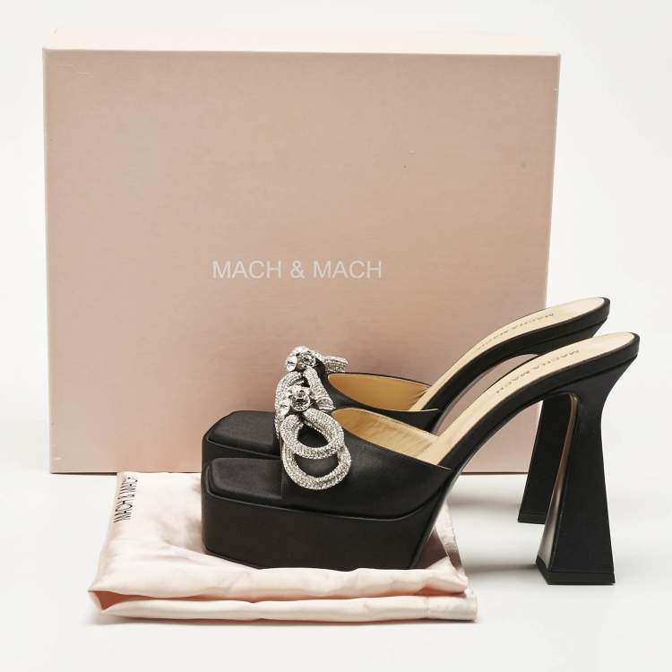 Pre Owned Mach & Mach Black Satin Double Bow Platform Slide Sandals Size 41