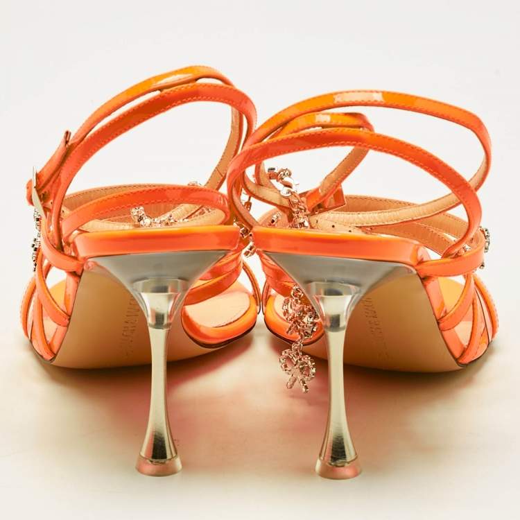 Pre Owned Mach & Mach Neon Orange Patent Leather Crystal Bow Camille Sandals Size 37