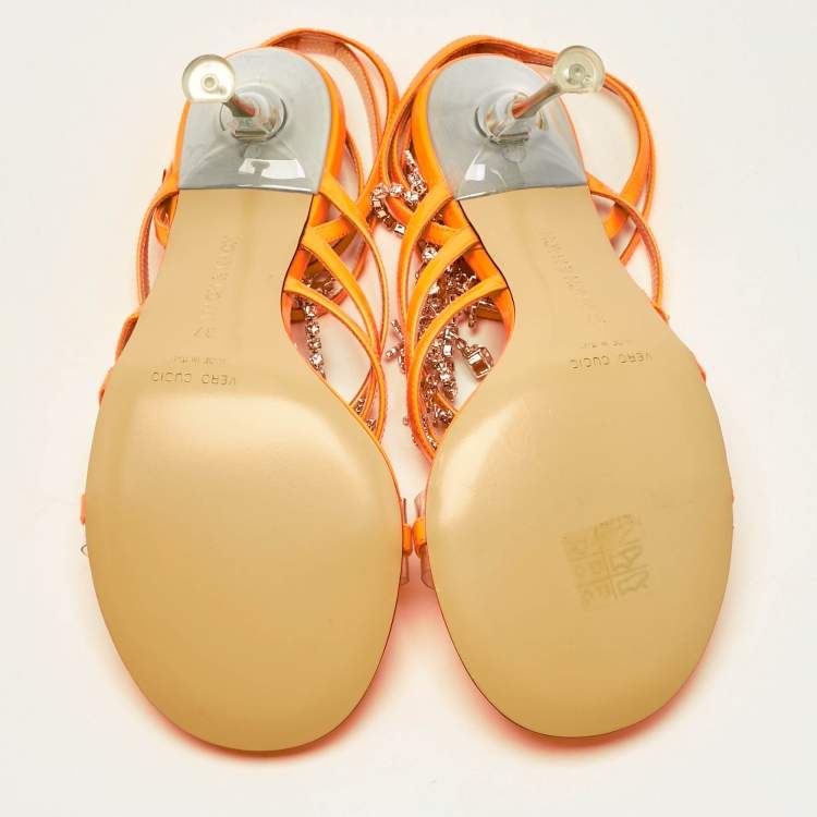 Pre Owned Mach & Mach Neon Orange Patent Leather Crystal Bow Camille Sandals Size 37