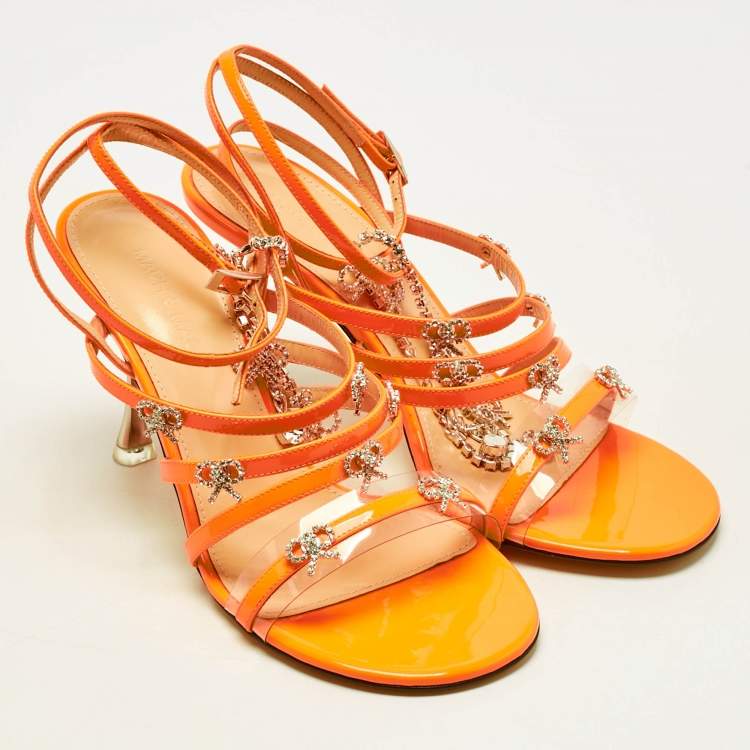 Pre Owned Mach & Mach Neon Orange Patent Leather Crystal Bow Camille Sandals Size 37