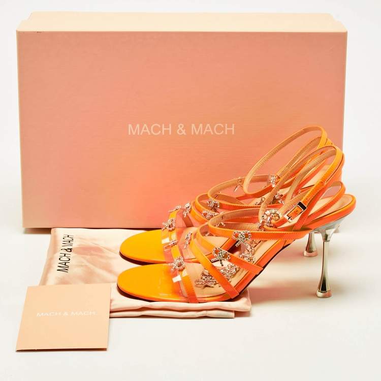 Pre Owned Mach & Mach Neon Orange Patent Leather Crystal Bow Camille Sandals Size 37