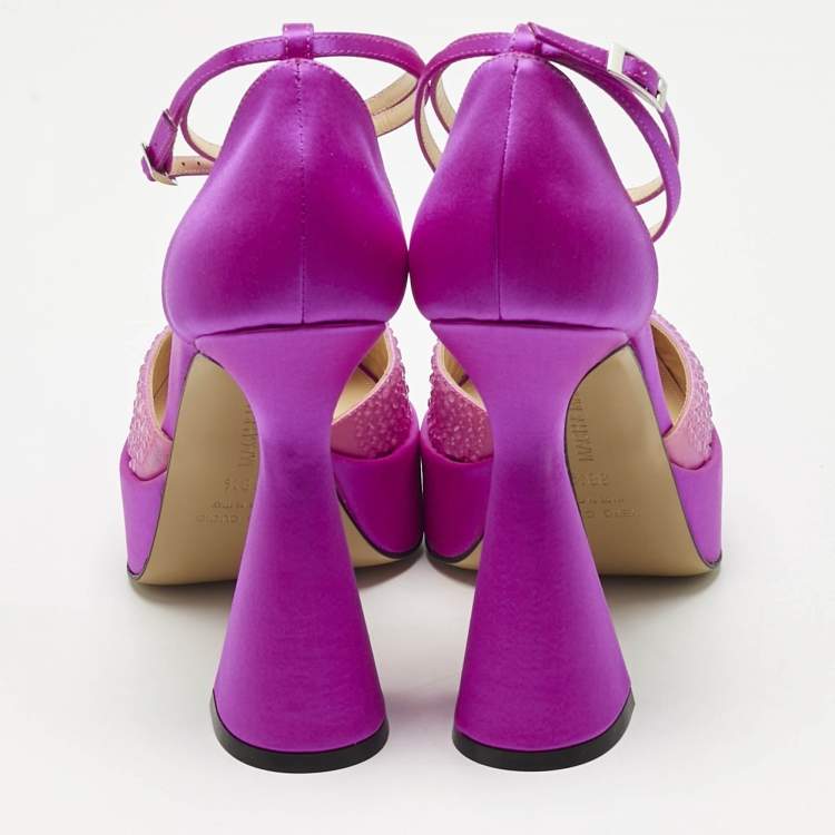 Pre Owned Mach & Mach Pink Satin Galaxy Crystalized Platform Pumps Size 38.5