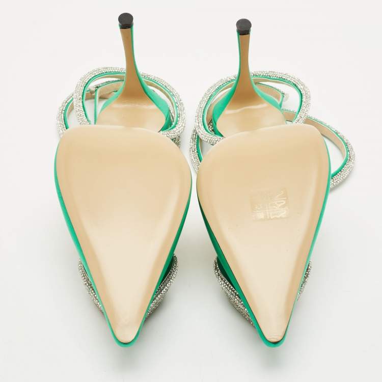 Pre Owned Mach & Mach Green Satin Crystal Embellished Triple Heart Ankle Wrap Pumps Size 41
