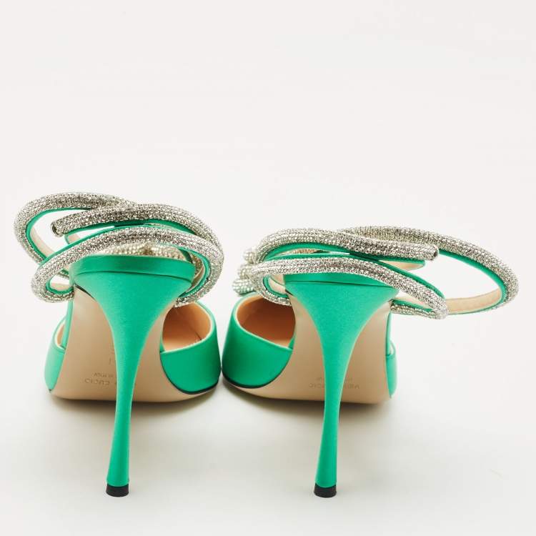 Pre Owned Mach & Mach Green Satin Crystal Embellished Triple Heart Ankle Wrap Pumps Size 41