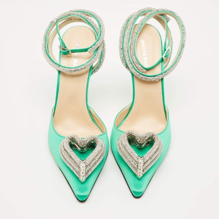 Pre Owned Mach & Mach Green Satin Crystal Embellished Triple Heart Ankle Wrap Pumps Size 41