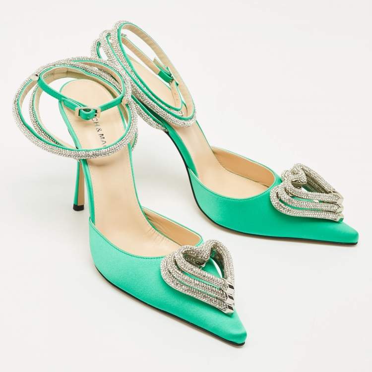 Pre Owned Mach & Mach Green Satin Crystal Embellished Triple Heart Ankle Wrap Pumps Size 41