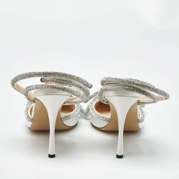 Pre Owned Mach & Mach White Satin Crystal Embellished Double Bow Pumps Size 39