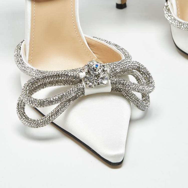 Pre Owned Mach & Mach White Satin Crystal Embellished Double Bow Pumps Size 39