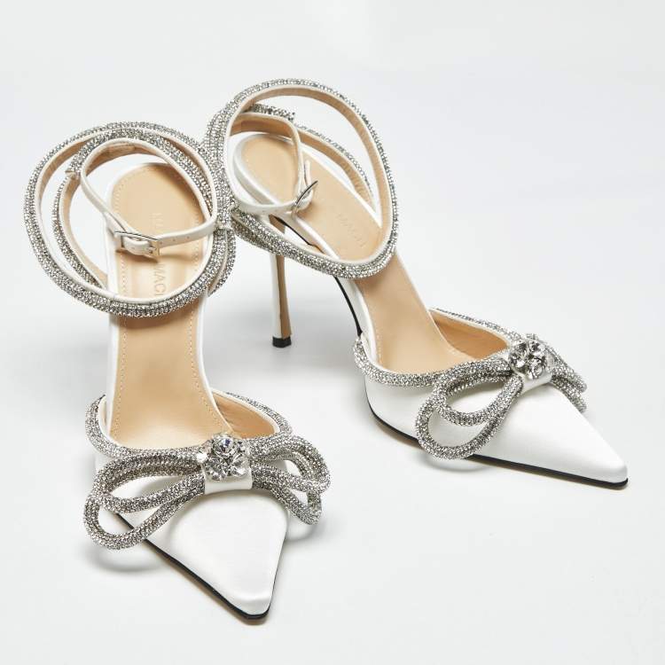 Pre Owned Mach & Mach White Satin Crystal Embellished Double Bow Pumps Size 39