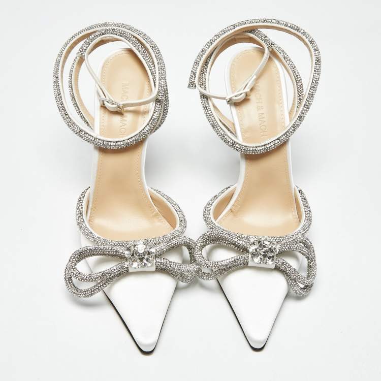 Pre Owned Mach & Mach White Satin Crystal Embellished Double Bow Pumps Size 39
