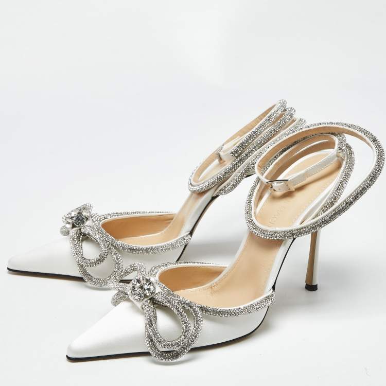 Pre Owned Mach & Mach White Satin Crystal Embellished Double Bow Pumps Size 39