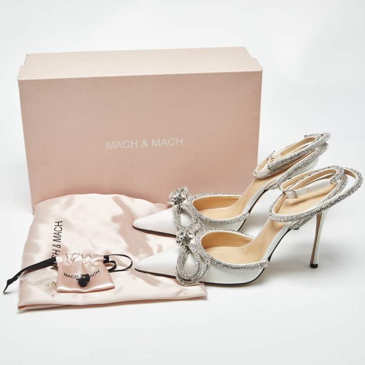 Pre Owned Mach & Mach White Satin Crystal Embellished Double Bow Pumps Size 39