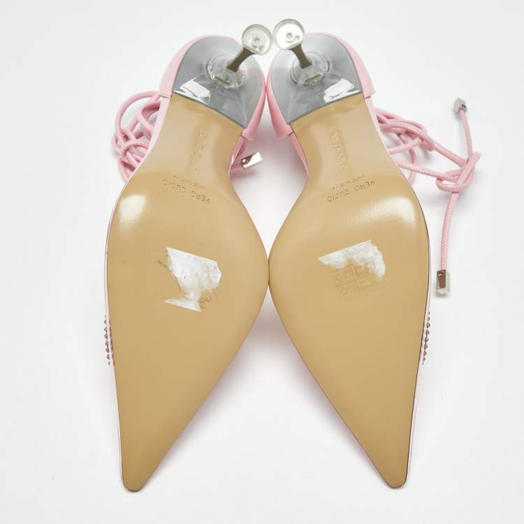 Pre Owned Mach & Mach Pink Leather and PVC Crystal Bow Ankle Strap Pumps Size 39
