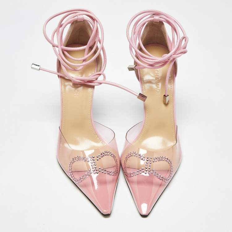 Pre Owned Mach & Mach Pink Leather and PVC Crystal Bow Ankle Strap Pumps Size 39
