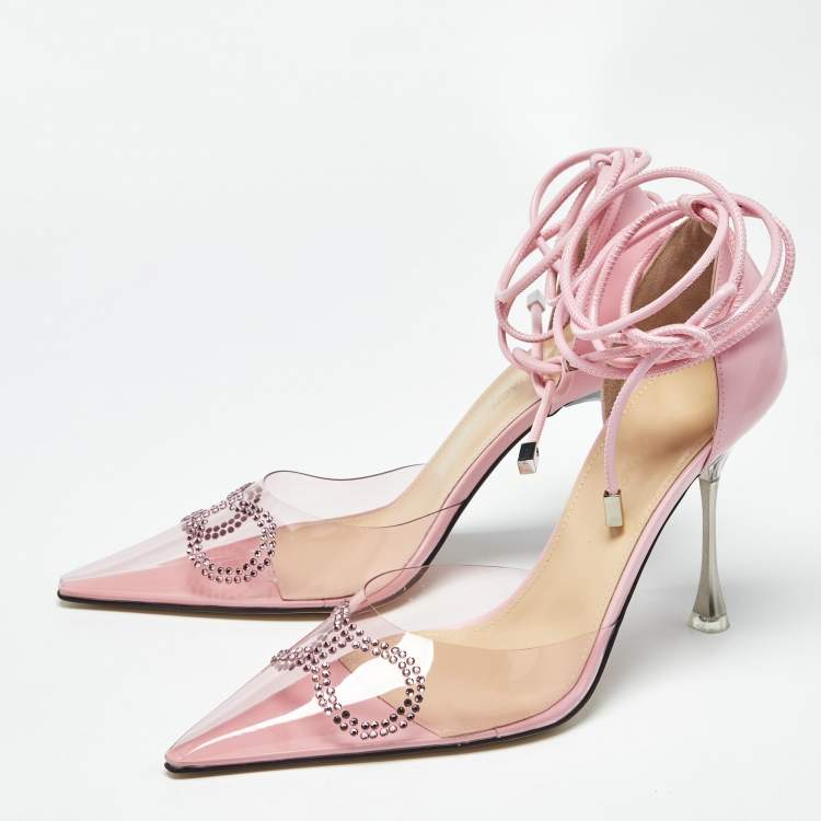 Pre Owned Mach & Mach Pink Leather and PVC Crystal Bow Ankle Strap Pumps Size 39