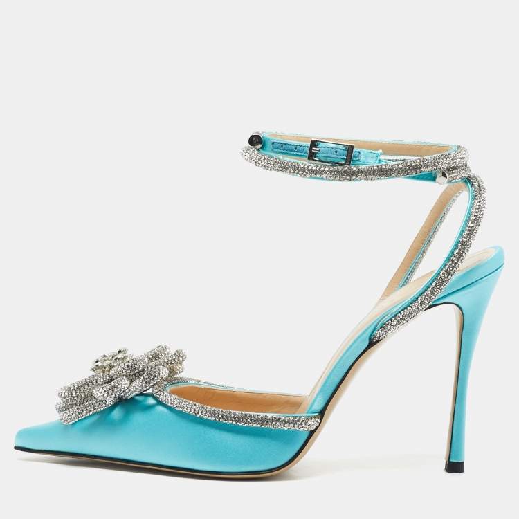 Pre Owned Mach & Mach Blue Satin Crystal Flower Pumps Size 39.5